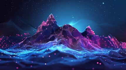 Wall Mural - Abstract polygonal mountain with glowing lines and dots on a dark blue background