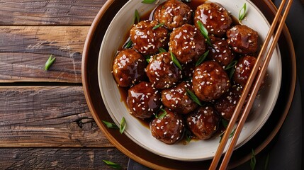 Poster - Beef meatballs in tangy sweet sauce Asian cuisine from above