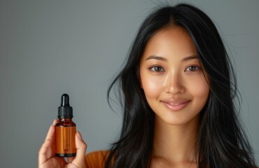 smiling woman with long black hair holds an oil vial, radiating beauty effortlessly
