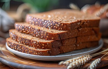 Wall Mural - Plate holds rough-textured whole grain bread slices, offering a wholesome, rustic appeal for your enjoyment