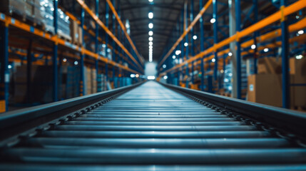 Wall Mural - Automated conveyor belt system in a large, dark warehouse showcasing modern industrial technology and efficiency.