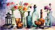 Set of liquor bottles and wine glasses decorate with flowers vase on the table, watercolor painting style, generative AI.