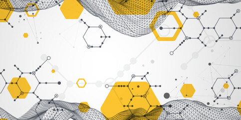Leinwandbilder - Scientific and technological background. Wireframe wave with hexagons of different types on a gray gradient.