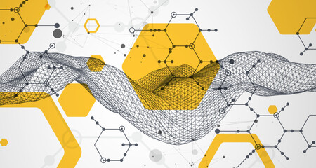 Aufkleber - Scientific and technological background. Wireframe wave with hexagons of different types on a gray gradient.