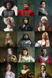 © master1305 - Glimpse into medieval world. Portrait of men and women, medieval royal people, warriors, knights on dark vintage background. Concept of comparison of eras, retro and vintage, history. Creative collage