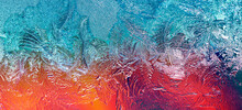 Photo Of A Frozen Window With A Colorful Background Outside The Window. Natural Texture Of Ice On Glass. Colorful Abstract Nature Background. Horizontal Banner