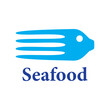 Logo restaurante de mariscos. Palabra Seafood con combinación de silueta de tenedor y cabeza de pescado