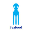 Logo restaurante de mariscos. Palabra Seafood con combinación de silueta de tenedor y tentáculos de pulpo o calamar