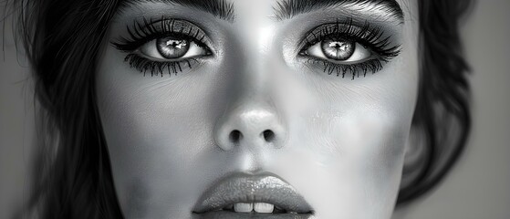 Wall Mural - Black and White Close-up Portrait of a Woman with Beauty Products. Concept Black and White Photography, Close-up Portrait, Woman, Beauty Products