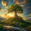 A lone, ancient tree atop a hill, its branches reaching towards the heavens, symbolizing growth and destiny.