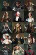 © master1305 - Different medieval men and women, famous people listening to music in modern headphones against dark background. Comparison of eras, modernity and renaissance, baroque style concept. Creative collage