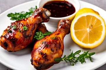 Wall Mural - juicy grilled roasted chicken legs served with barbecue sauce and lemon on a white plate