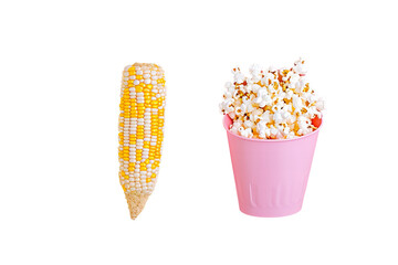 corncob and a bucket of popcorn b before and after. png object isolated on transparent background, m