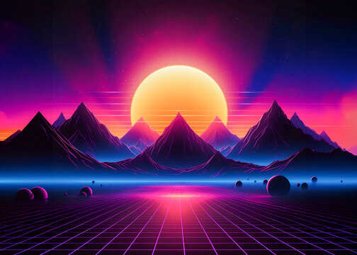 Retro landscape skyline with neon ,ray of light, grid, sunset and mountains. Sci-fi, futuristic illustration. Retrowave, synthwave or vaporwave 80's  90's. Geomteric and nostalgic graphic design.