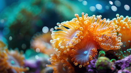 Wall Mural - A cluster of orange sea anemones with a blue center