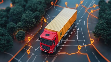 Gps tracking from top view moving truck with container on a map