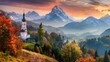 Iconic picture of Bavaria with Maria Gern church with Hochkalter peak on background. Fantastic autumn sunrise in Alps. Superb evening landscape of Germany countryside. Traveling concept background.