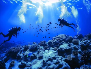 divers in a bright underwater reef with fish and corals