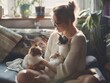 woman enjoys spending time at home with her pets