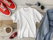 White women s cotton T-shirt mockup, layflat mockup with white t-shirt, red sneakers