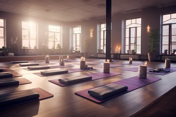 A peaceful yoga studio with mats laid out, soft lighting, and people in various poses.