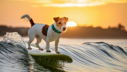 jack russell dog surfing on a wave , on ocean sea on summer vacation holidays