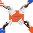 2024 presidential election promo collage in the halftone collage style. Banner with hands putting voting forms in voting box. Collage for US Election 2024 campaign. Vector eps10 illustration.