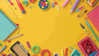 Frame made of different school supplies on yellow background