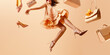 © Chili - girl in a dress and high-heeled shoes jumping in the air on beige background. Fashion online shopping concept