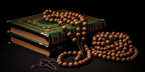 Illustrating the concept of faith in Islam, the Quran, or Kuran, rests alongside rosary beads or 