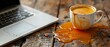 Slowmotion coffee spill on laptop table highlights importance of safeguarding devices. Concept Technology Protection, Device Safety, Accidents Prevention