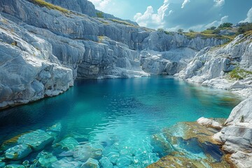 Sticker - A stunning turquoise pond amidst cliff-lined scenery, a serene nature panorama.