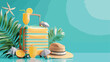 Suitcase with chair fresh orange juice and beach acce