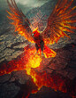 Dark phoenix bird rising out of volcano lava burst and ashes through the cracks of melting magma