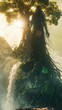 Earth Guardian, Roots of Life, Ancient being protecting a waterfall, Mist in the air, Spirit of the Earth, 3D render, Golden hour lighting, Lens flare effect, Silhouette shot