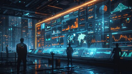 A group of people in a futuristic control room looking at a large screen with graphs and data.
