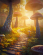 Footpath across a big mushroom forest with fungi growing tall as trees. Mysterious fairytale scene