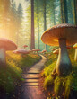 Footpath across a big mushroom forest. Mysterious fairytale scene