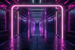 Empty space station corridor, dark walls, neon sci-fi lights, black edition
