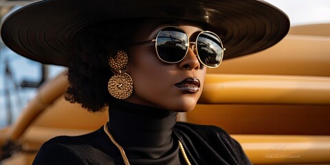Canvas Print - With a touch of glamour, a woman strikes a pose wearing a stylish gold hat and chic sunglasses.