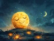 Cartoon of the moon with a face, whimsical night sky character