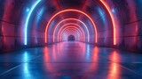 Fototapeta  - Sleek Futuristic Corridor Bathed in Captivating Neon Lights and Ethereal Reflections