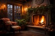 A cozy fireplace with crackling flames, casting a warm glow in a living room on a chilly evening.