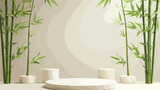 Fototapeta  - Green bamboo stems and plaster podiums on beige background