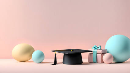 A graduation cap is on a table with a pink background. There are also two gift boxes and three round balls