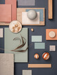 Creative flat lay composition with textile and paint samples, panels and cement tiles. Stylish interior designer moodboard. Blue, beige and brown color palette. Copy space. Template.