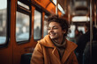 Happy person enjoys spacious tram ride