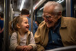 Happy grandparent and grandchild enjoy subway ride