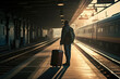 Person with suitcase waiting for train excitedly