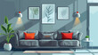 Grey sofa with cushions in interior of modern living